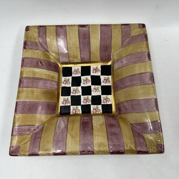 MacKenzie Childs Square Trinket Dish 6.5"x6.5" - Stripes and Checkers Floral - Picture 2 of 5